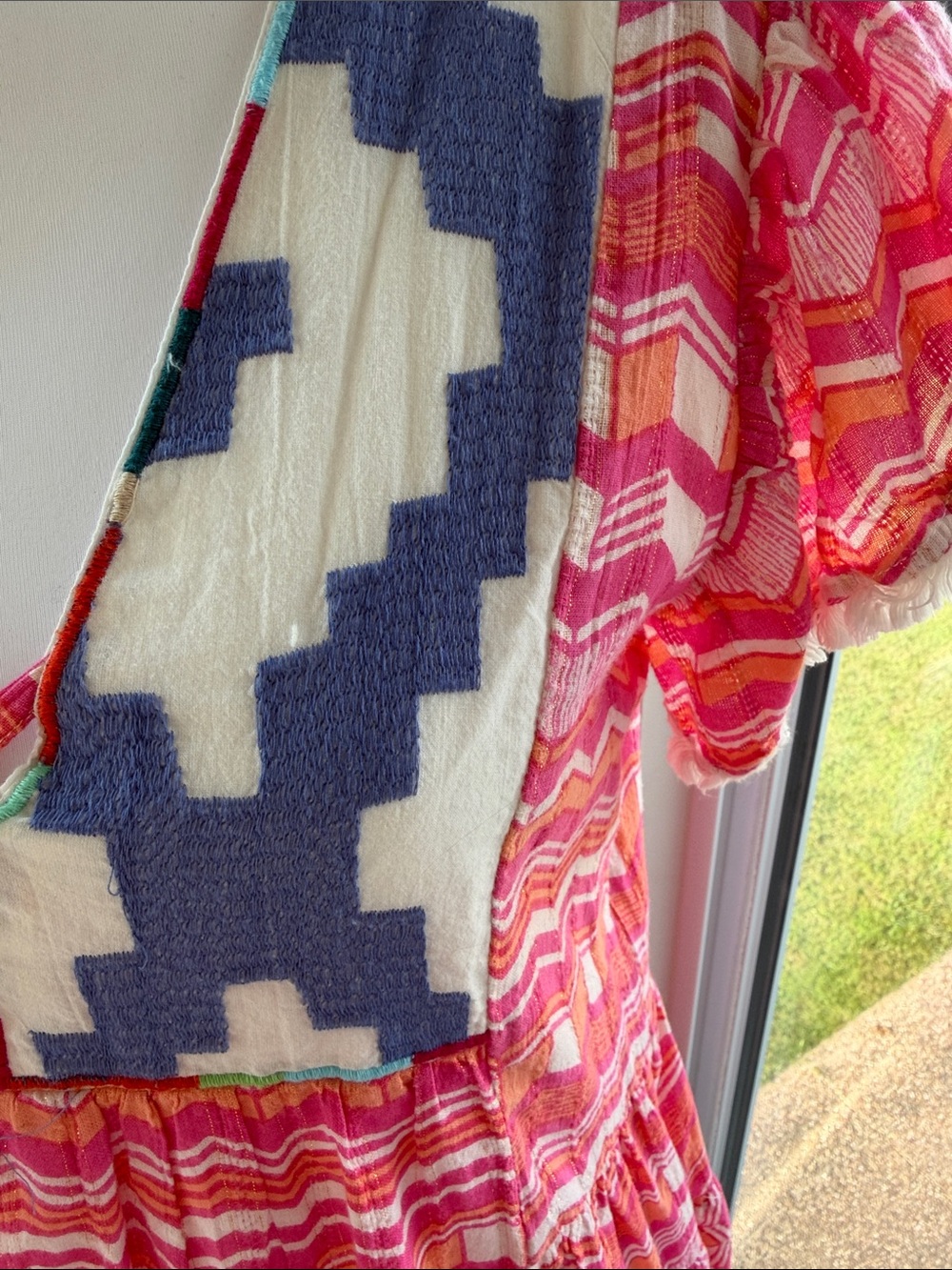 THML Pink Coral Chevron Boho Dress with Blue Embroidered Yoke - Picture 2 of 3